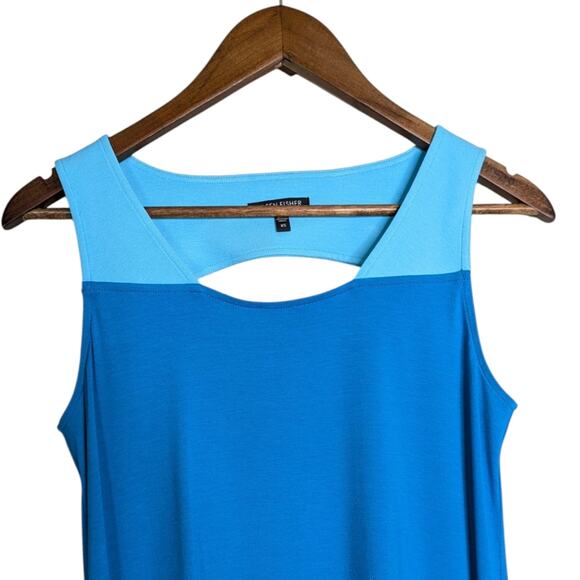 Eileen Fisher Colorblock Dress XS Blue Jersey Knit Cutout Back Two Tone - Picture 2 of 9